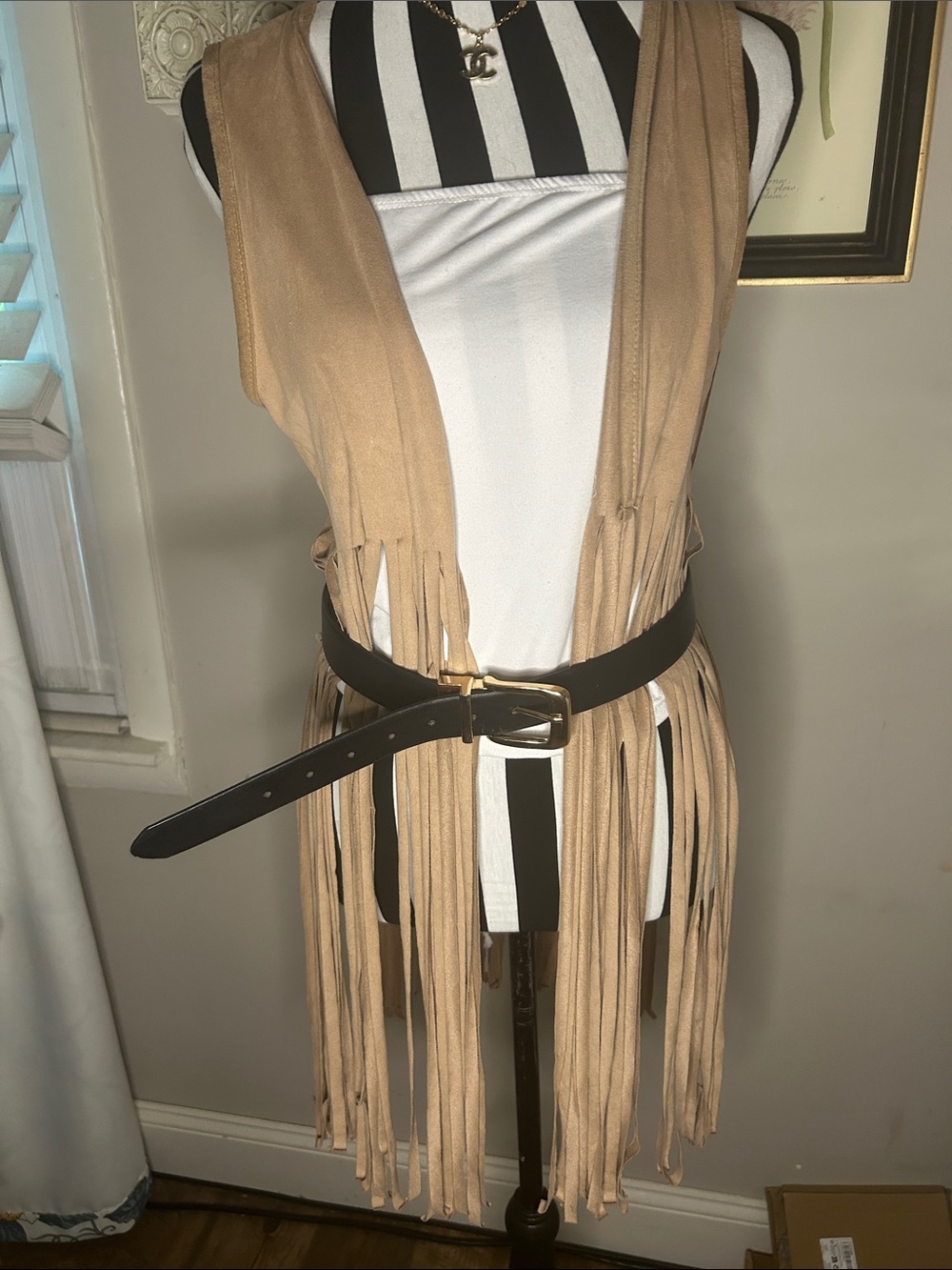Persaya Tan faux Suede Fringe Vest Small